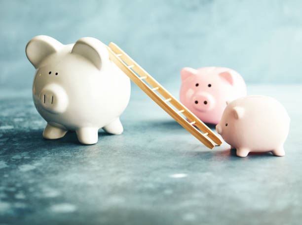 istock Piggy banks with ladder in blue setting 1148728586