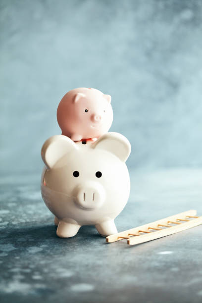 istock Piggy banks with ladder in blue setting 1148728595