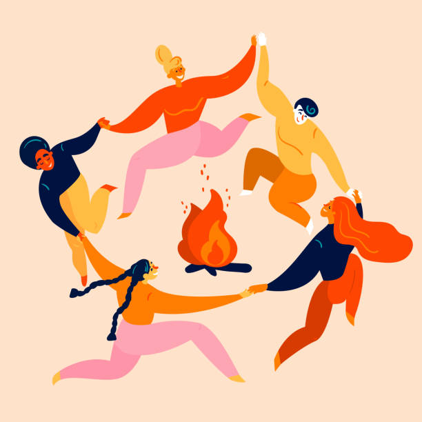 Print Dancing party and jumps  with bonfire. Group of young diversity man and woman are holding their hands in circle around campfire. Kupala festival, leisure and tourism activity.  Vector flat jumping illustrations stock illustrations