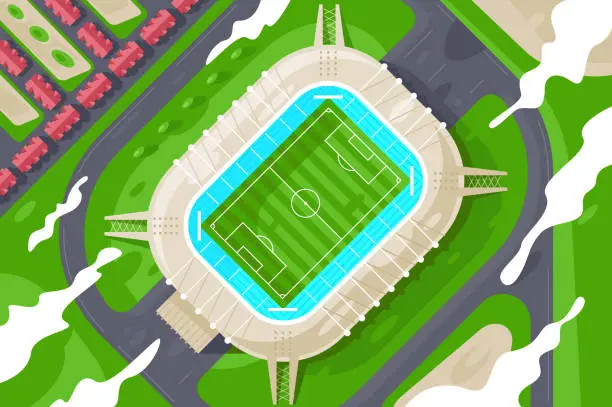 Vector illustration of Flat green stadium from height for football.