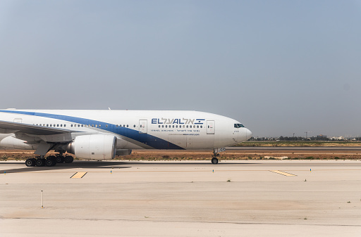 Tel Aviv, Israel, May 01, 2019 : The plane of the Israeli airline El Al is moving on the runway of Ben Gurion International Airport, near Tel Aviv in Israel