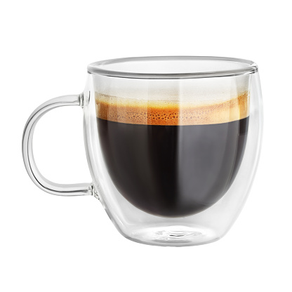 Transparent double wall glass mug with espresso coffee isolated on white background