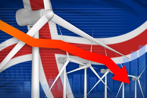 Iceland wind energy power lowering chart, arrow down  - green energy industrial illustration. 3D Illustration