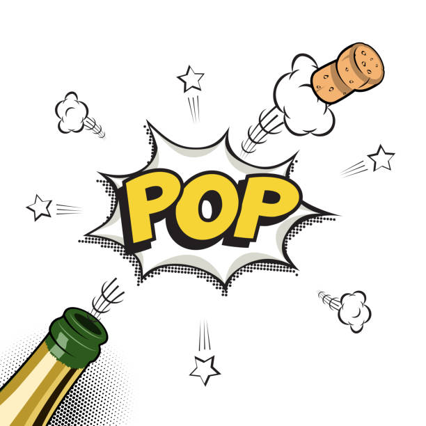 vector urlaubselement im comic-buch oder manga-stil. champagnerflasche mit fliegendem korken und pop-wort. - sektkorken stock-grafiken, -clipart, -cartoons und -symbole