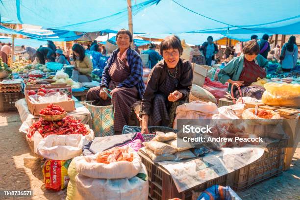 People Shopping For Produce At The Paro Weekend Market Stock Photo - Download Image Now