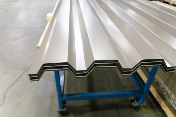 istock Corrugated galvanised metal roofing sheets on factory workshop 1148737183