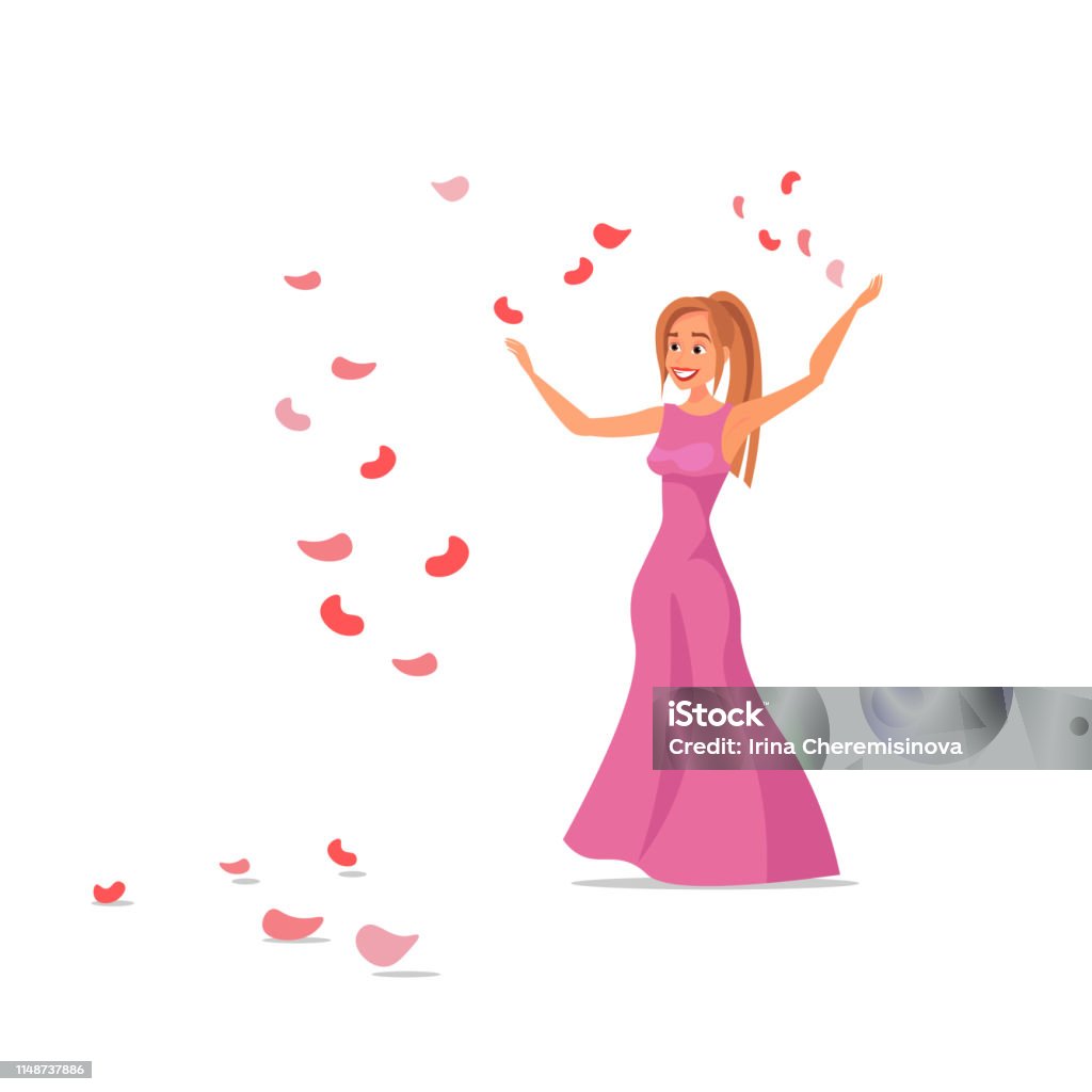 Girl in pink dress flat vector illustration Girl in pink dress flat vector illustration. Bridesmaid in gown cartoon character. Young woman with rose petals isolated design element. Holiday, celebration, party, wedding. Romantic ceremony Adult stock vector