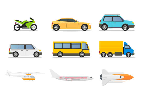 Transport types flat vector illustrations set Transport types flat vector illustrations set. Cartoon vehicles isolated design elements. Passenger car, motorcycle, city bus, helicopter, plane, rocket. Urban public, private cars, aircrafts bus illustrations stock illustrations