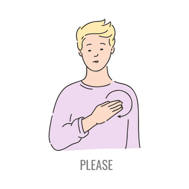Vector deaf mute sign language character gesture Vector blonde man showing please deaf-mute sign language symbol. Smiling sketch male character and hand communication sign by his hand. Different social communication, basic word please sign here stock illustrations