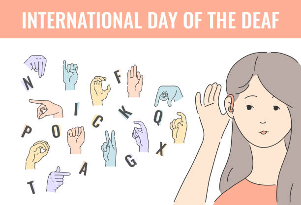 Vector deaf-mute alphabet with hand gestures set Vector world deaf dat holiday with deaf-mute alphabet with hand gestures and deaf young woman. Mute language, communication and beautiful female disabled character. Finger, palm and fist signs sign language class stock illustrations