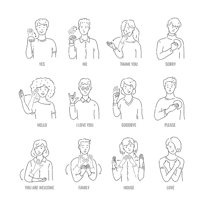 Vector men, women showing basic deaf-mute sign language symbol. Smiling sketch female, male monochrome characters and hand communication sign set. Different social communication, basic word
