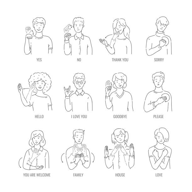 Vector deaf mute sign language character gesture Vector men, women showing basic deaf-mute sign language symbol. Smiling sketch female, male monochrome characters and hand communication sign set. Different social communication, basic word sign language icon stock illustrations