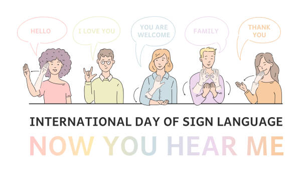 Vector flat deaf-mute people hand gesture language Vector international day of sign language poster with deaf-mute people communicating. young men and women speaking at hand language. Gesture communicating characters with disability sign language stock illustrations