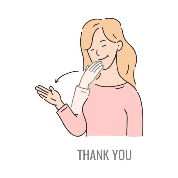 Vector deaf mute sign language character gesture Vector woman showing thank you deaf-mute sign language symbol. Smiling sketch female character and hand communication sign. Different social communication, basic word sign language stock illustrations