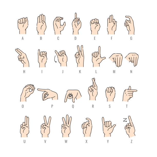 Vector deaf-mute alphabet with hand gestures set Vector deaf-mute alphabet with hand gestures set. Hand drawn mute language, communication for disabled people. Finger, palm and fist signs collection. Isolated illustration sign language class stock illustrations