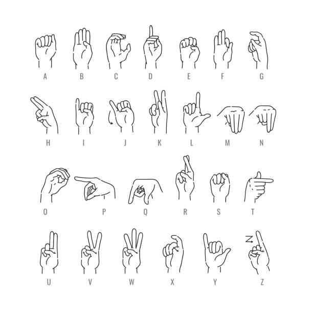 taube englische alphabet in der linienkunst isoliert auf weißem hintergrund. - hand sign stock-grafiken, -clipart, -cartoons und -symbole