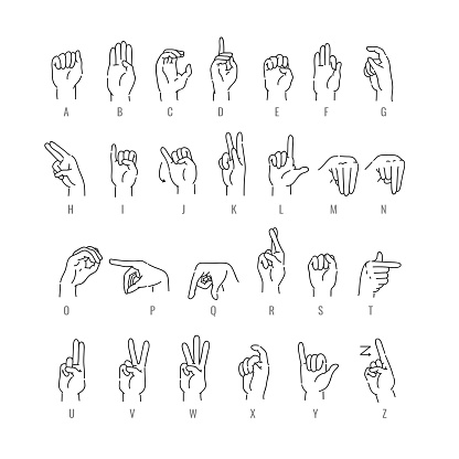 Deaf english alphabet in line art isolated on white background - vector illustration of hand font of american sign language. Educational collection of fingerspelling - ASL letter gestures.