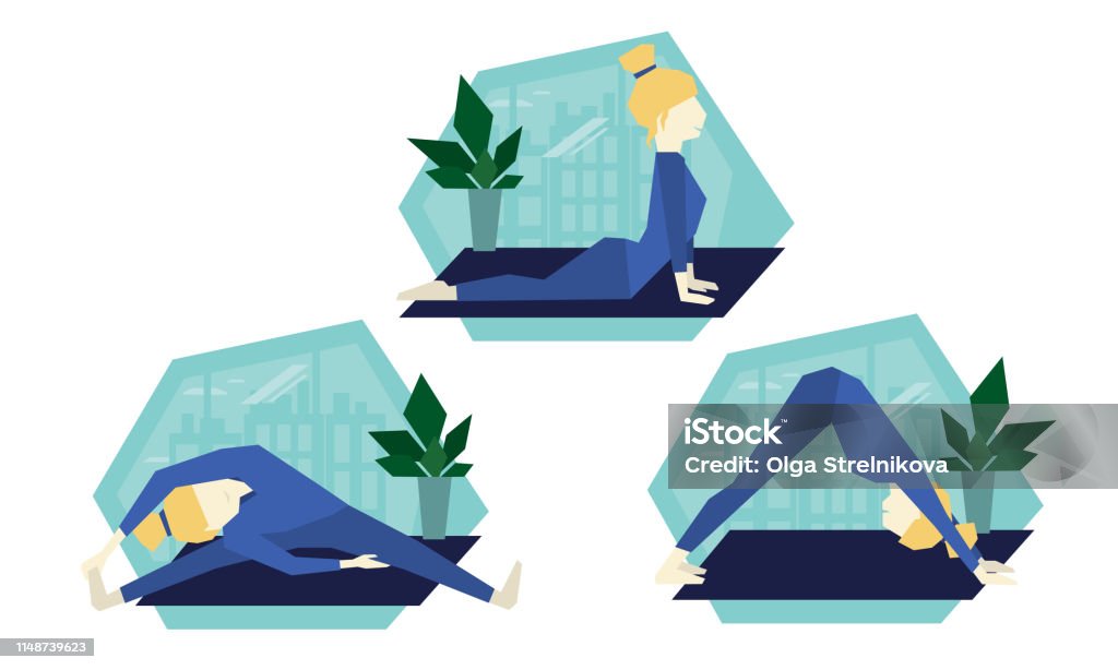 Vector yoga poses Set of illustrations of girl in different yoga poses. Downward Facing Dog and Cobra Pose. Healthy life style. Active Lifestyle stock vector