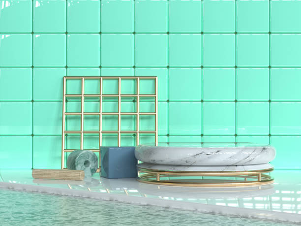istock green wall tile glossy/shiny abstract group geometric shape set marble texture gold wood texture 3d rendering 1148739649