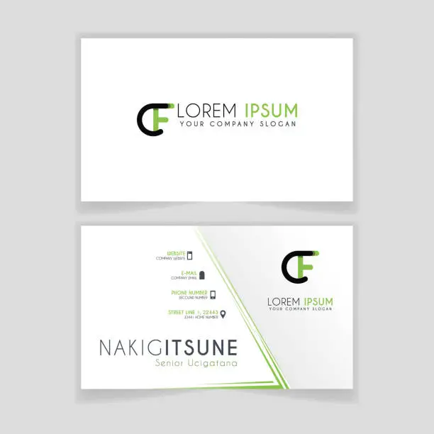 Vector illustration of Simple Business Card with initial letter CF rounded edges with green accents as decoration.