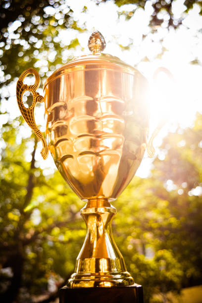 istock Gold trophy on green nature background 1148742342