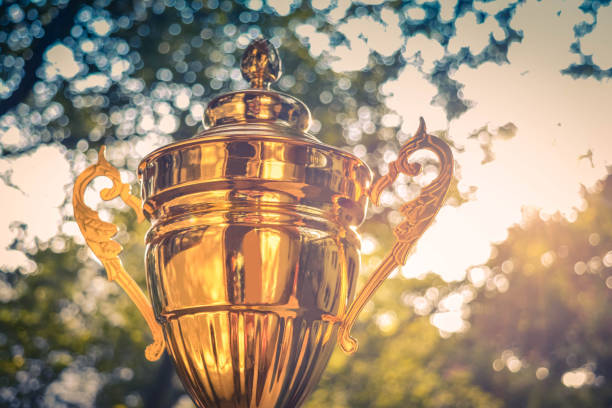 istock Gold trophy on green nature background 1148742350