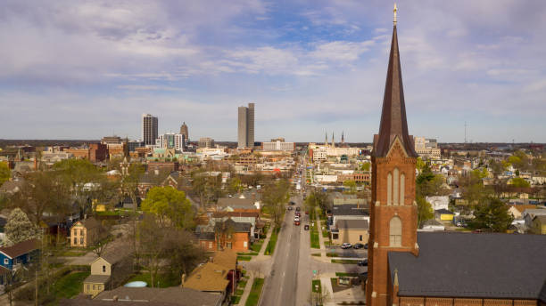 Buildings Streets and Homes in Fort Wayne Indiana Aerial view over the downtown city skyline of Fort Wayne Indiana USA indiana photos stock pictures, royalty-free photos & images