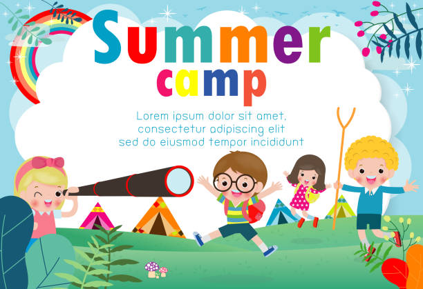 edukacja dla dzieci w obozie letnim szablon broszury reklamowej, dzieci robią zajęcia na kempingu, szablon ulotki plakatu, tekst, ilustracja wektorowa - summer camp sign child summer stock illustrations