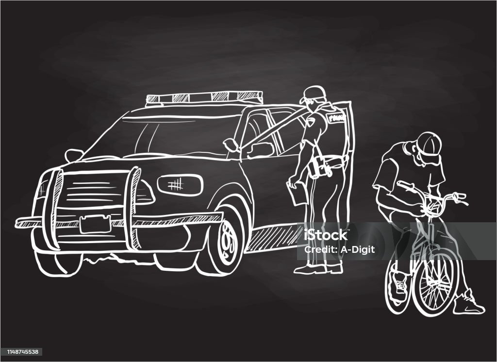 Social Crisis Chalk Drawing police officer stopping a youth on his bicycle for questioning. Addiction stock vector