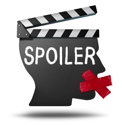 Spoiler Alert symbol and spoiling the story ending for an entertainment media movie or at a theatre cinema revealing the plot ending as a 3D illustration.