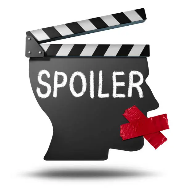 Spoiler Alert symbol and spoiling the story ending for an entertainment media movie or at a theatre cinema revealing the plot ending as a 3D illustration.