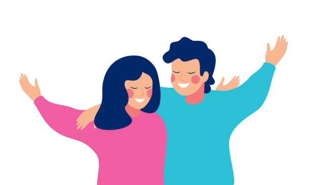 Smiling teenage boy and girl or school friends embracing each other Smiling teenage boy and girl or school friends standing together, embracing each other, waving hands.  Flat cartoon vector illustration isolated on white background. friends laughing stock illustrations