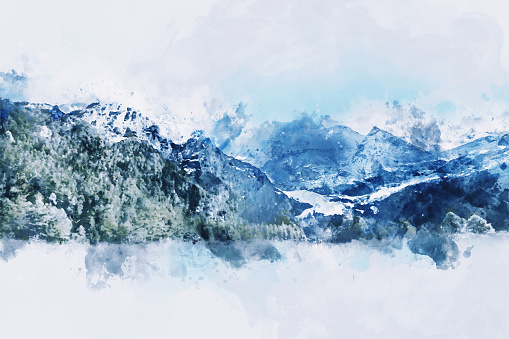 Mountains in winter on white background,  digital watercolor painting