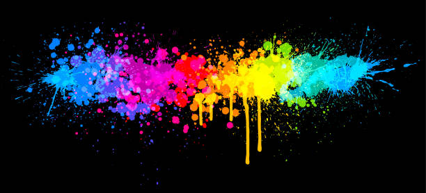 illustrazioni stock, clip art, cartoni animati e icone di tendenza di spruzzo di vernice arcobaleno - spectrum rainbow abstract black background