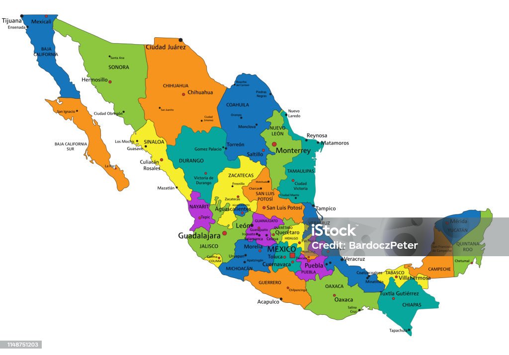 Kolorowa mapa polityczna Meksyku. Ilustracja wektorowa. - Grafika wektorowa royalty-free (Mapa)