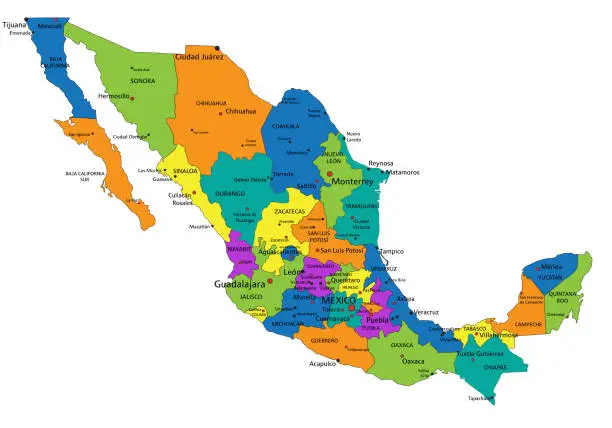 Vector illustration of Colorful Mexico political map. Vector illustration.
