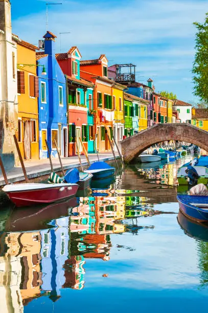 Colorful houses on the canal in Burano island, Venice, Italy. Famous travel destination