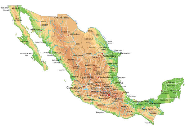 высокая детальная физическая карта мексики с маркировкой. - physical geography illustrations stock illustrations