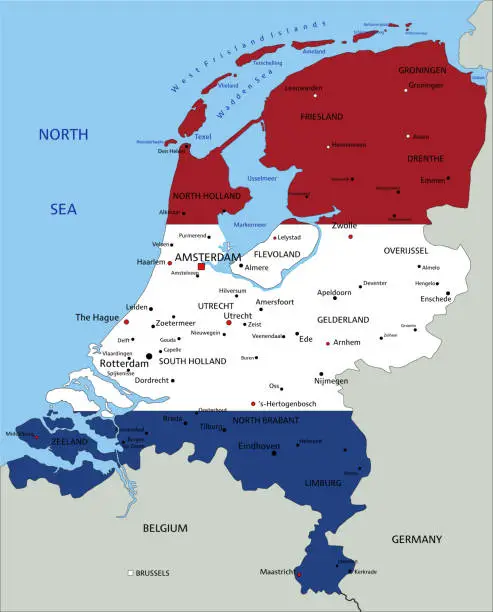 Vector illustration of Netherlands detailed political map with national flag.