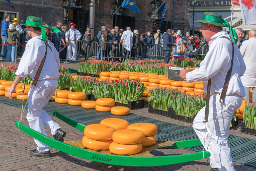 Alkmaar, the Netherlands - April 12, 2019: Traditional cheese market on the Waagplein square in Alkmaar.