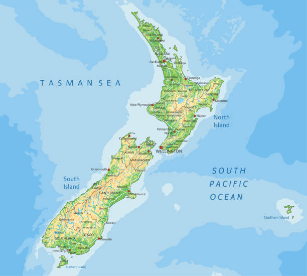 высокая подроб�ная физическая карта новой зеландии с маркировкой. - physical geography illustrations stock illustrations