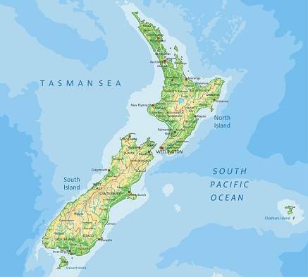 High detailed New Zealand physical map with labeling. Organized vector illustration on seprated layers.