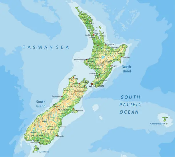 Vector illustration of High detailed New Zealand physical map with labeling.