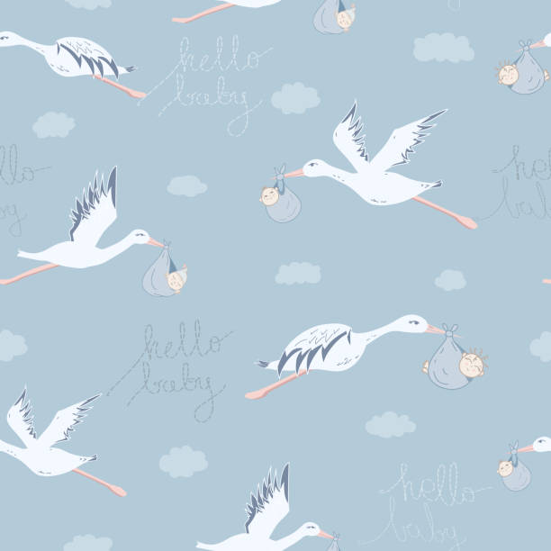 Vector Hello Baby on blue with Clouds seamless pattern background. Vector Hello Baby on blue with Clouds seamless pattern background. Perfect for fabric, scrapbooking and wallpaper projects. pregnant patterns stock illustrations