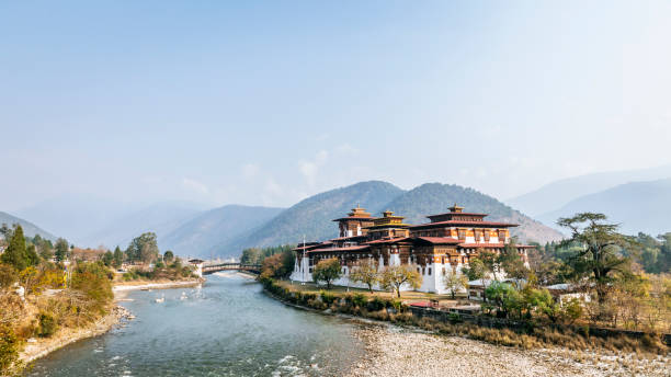 Punakha Dzong and the Mo Chhu Punakha Dzong is arguably the most beautiful dzong in the country, bhutan stock pictures, royalty-free photos & images