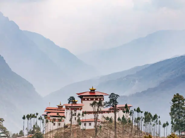 Gasa monastery or dzong with valley background