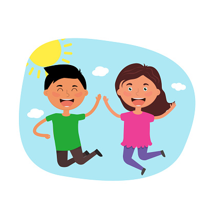 Happy Jumping Kids Boy And Girl Have A Fun Best Friends Have Success  Happiness Friendship Stock Illustration - Download Image Now - iStock