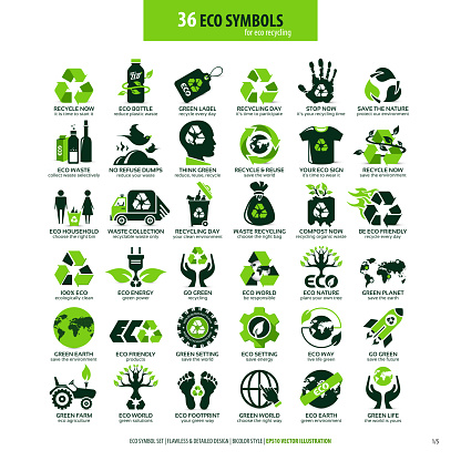 collections of eco friendly flat symbols, high detailed icons, graphic design web elements, alternative ecological concept, isolated emblems on clean white background, vector art illustration
