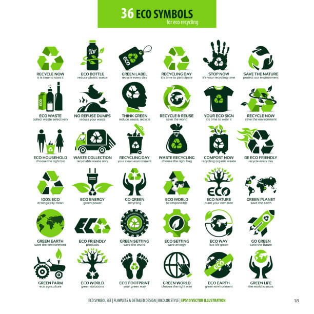 36 symbols for eco recycling collections of eco friendly flat symbols, high detailed icons, graphic design web elements, alternative ecological concept, isolated emblems on clean white background, vector art illustration recyclable materials stock illustrations