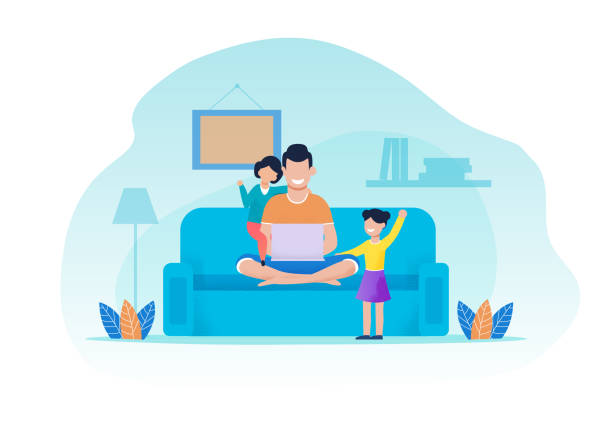 Father and Daughters Having Rest in Living Room Father and Daughters Having Rest in Living Room. Man Sits on Sofa Using Laptop. Girls Attracting Dads Attention. Happy Family Evening. Recreation Together at Home. Vector Flat Cartoon Illustration family home stock illustrations